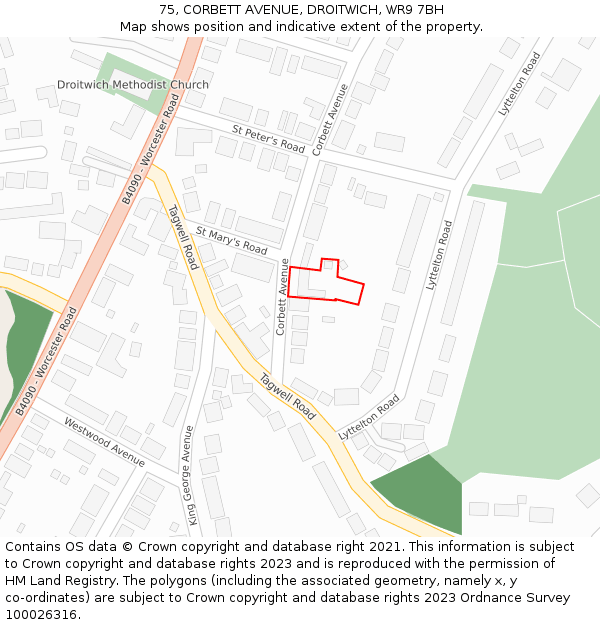 75, CORBETT AVENUE, DROITWICH, WR9 7BH: Location map and indicative extent of plot