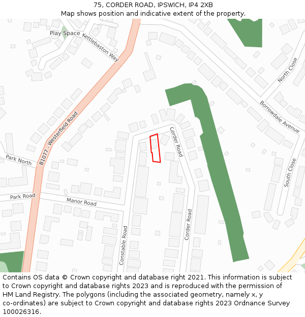 75, CORDER ROAD, IPSWICH, IP4 2XB: Location map and indicative extent of plot