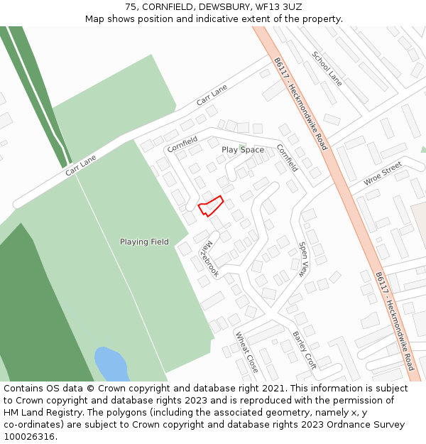 75, CORNFIELD, DEWSBURY, WF13 3UZ: Location map and indicative extent of plot