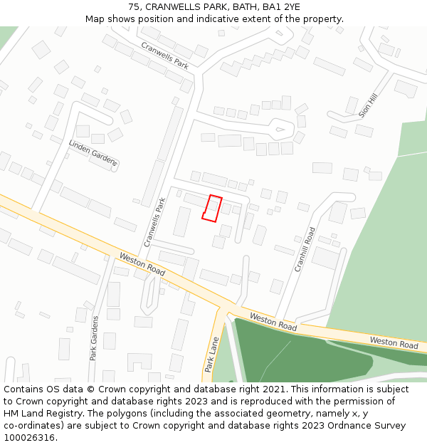 75, CRANWELLS PARK, BATH, BA1 2YE: Location map and indicative extent of plot