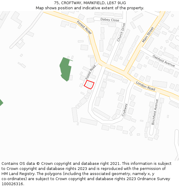 75, CROFTWAY, MARKFIELD, LE67 9UG: Location map and indicative extent of plot