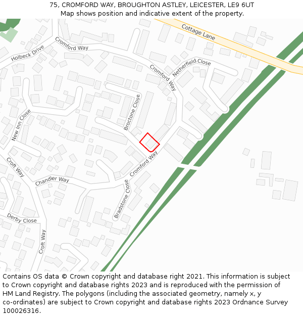 75, CROMFORD WAY, BROUGHTON ASTLEY, LEICESTER, LE9 6UT: Location map and indicative extent of plot