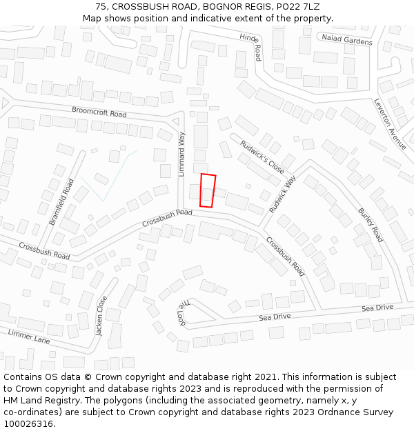 75, CROSSBUSH ROAD, BOGNOR REGIS, PO22 7LZ: Location map and indicative extent of plot