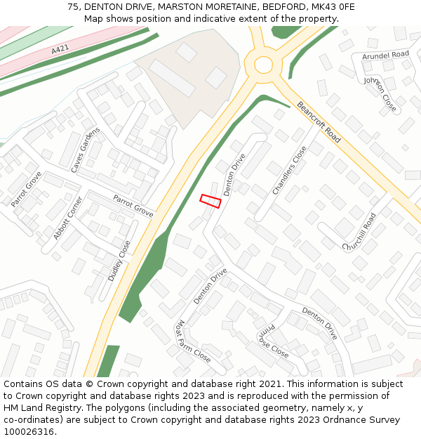 75, DENTON DRIVE, MARSTON MORETAINE, BEDFORD, MK43 0FE: Location map and indicative extent of plot