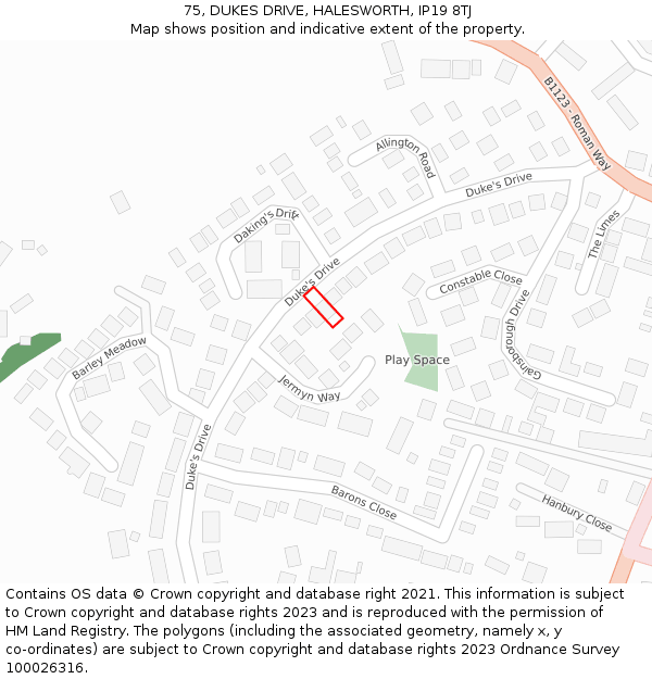 75, DUKES DRIVE, HALESWORTH, IP19 8TJ: Location map and indicative extent of plot