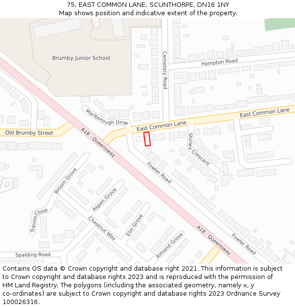 75, EAST COMMON LANE, SCUNTHORPE, DN16 1NY: Location map and indicative extent of plot