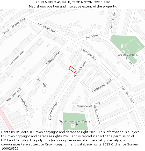 75, ELMFIELD AVENUE, TEDDINGTON, TW11 8BX: Location map and indicative extent of plot