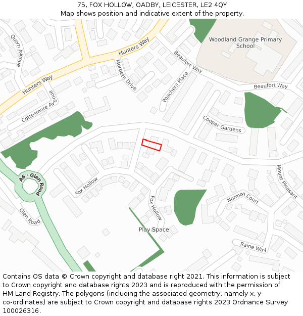 75, FOX HOLLOW, OADBY, LEICESTER, LE2 4QY: Location map and indicative extent of plot