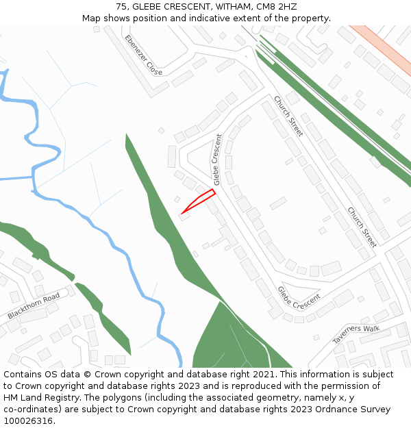 75, GLEBE CRESCENT, WITHAM, CM8 2HZ: Location map and indicative extent of plot