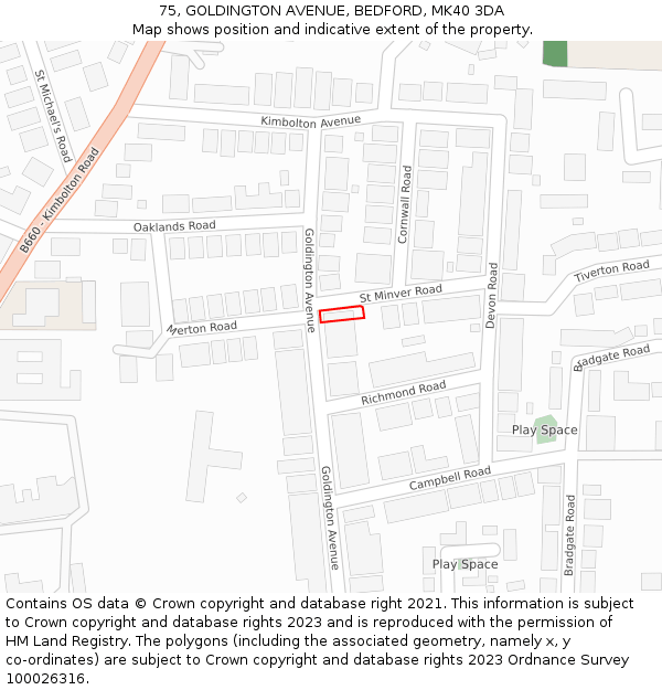 75, GOLDINGTON AVENUE, BEDFORD, MK40 3DA: Location map and indicative extent of plot