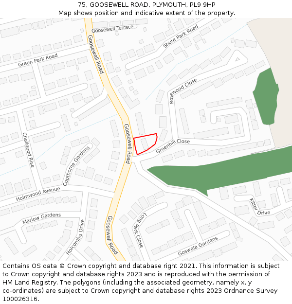 75, GOOSEWELL ROAD, PLYMOUTH, PL9 9HP: Location map and indicative extent of plot