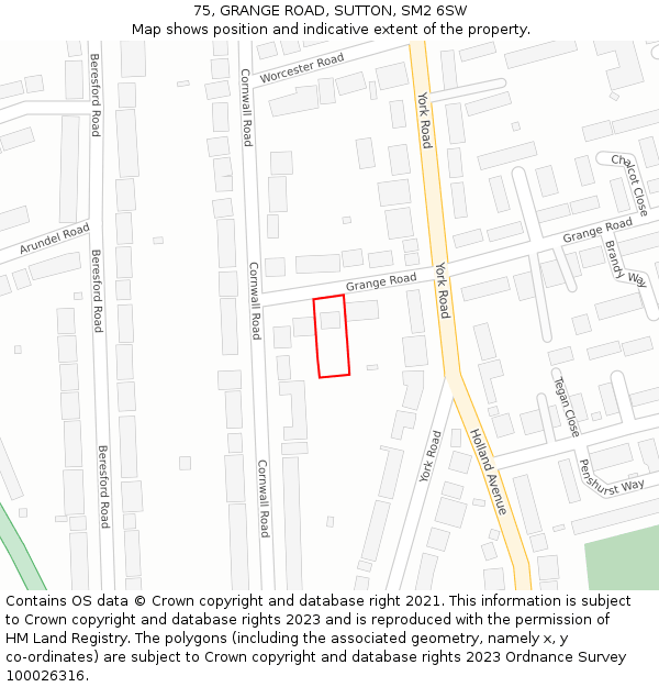75, GRANGE ROAD, SUTTON, SM2 6SW: Location map and indicative extent of plot