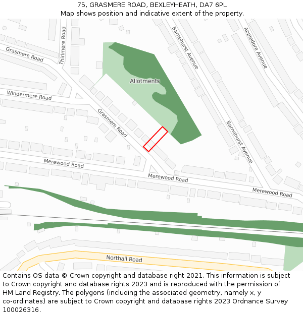 75, GRASMERE ROAD, BEXLEYHEATH, DA7 6PL: Location map and indicative extent of plot