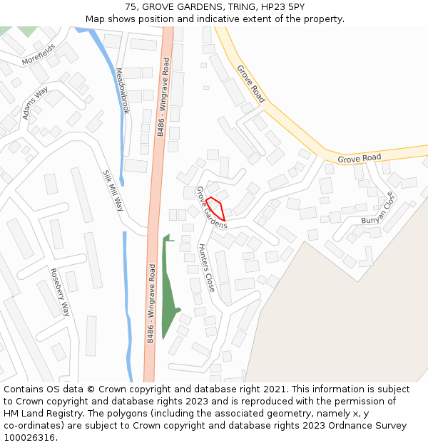 75, GROVE GARDENS, TRING, HP23 5PY: Location map and indicative extent of plot