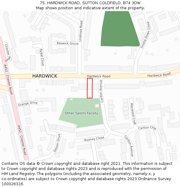 75, HARDWICK ROAD, SUTTON COLDFIELD, B74 3DW: Location map and indicative extent of plot