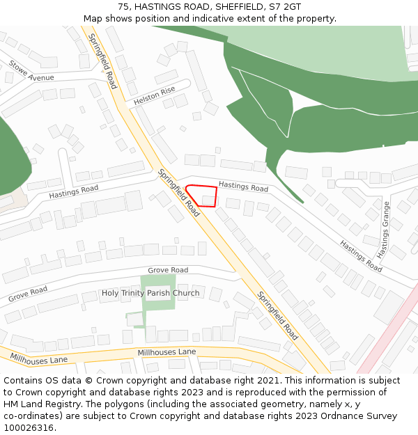 75, HASTINGS ROAD, SHEFFIELD, S7 2GT: Location map and indicative extent of plot