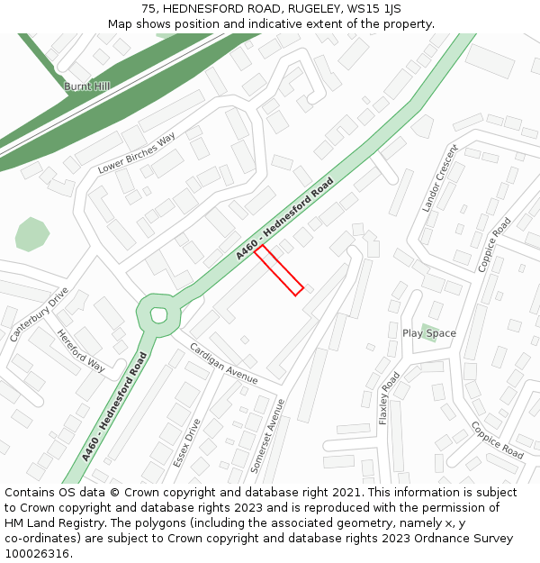 75, HEDNESFORD ROAD, RUGELEY, WS15 1JS: Location map and indicative extent of plot