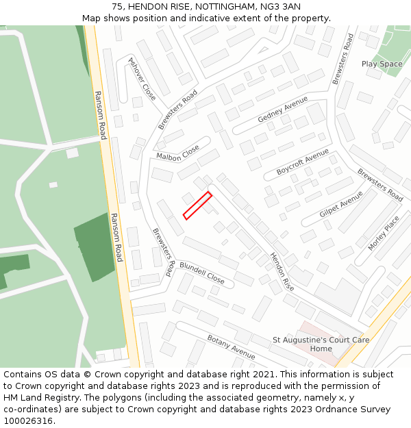75, HENDON RISE, NOTTINGHAM, NG3 3AN: Location map and indicative extent of plot