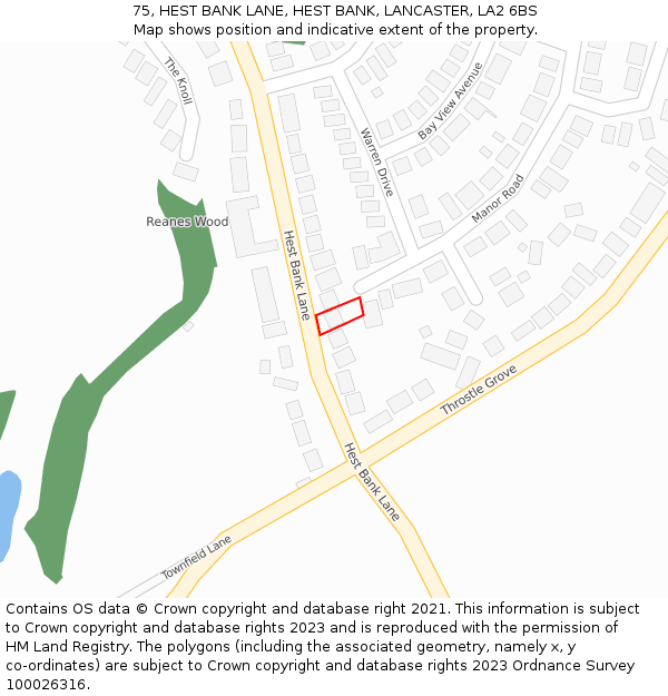 75, HEST BANK LANE, HEST BANK, LANCASTER, LA2 6BS: Location map and indicative extent of plot