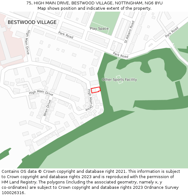 75, HIGH MAIN DRIVE, BESTWOOD VILLAGE, NOTTINGHAM, NG6 8YU: Location map and indicative extent of plot