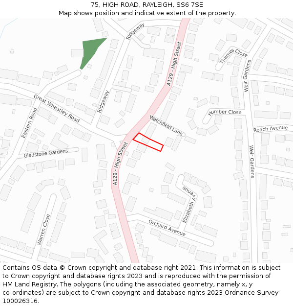 75, HIGH ROAD, RAYLEIGH, SS6 7SE: Location map and indicative extent of plot