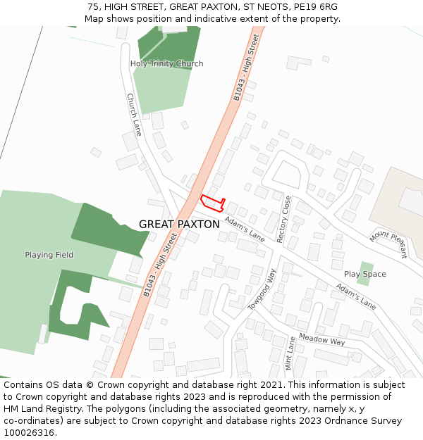 75, HIGH STREET, GREAT PAXTON, ST NEOTS, PE19 6RG: Location map and indicative extent of plot