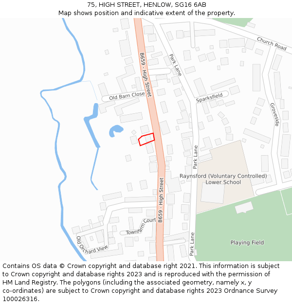 75, HIGH STREET, HENLOW, SG16 6AB: Location map and indicative extent of plot