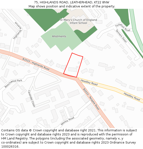 75, HIGHLANDS ROAD, LEATHERHEAD, KT22 8NW: Location map and indicative extent of plot