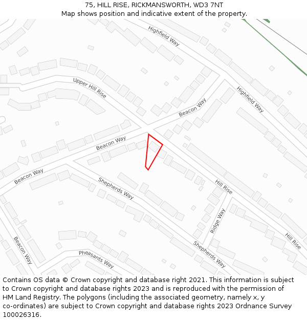 75, HILL RISE, RICKMANSWORTH, WD3 7NT: Location map and indicative extent of plot