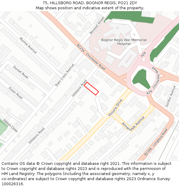 75, HILLSBORO ROAD, BOGNOR REGIS, PO21 2DY: Location map and indicative extent of plot