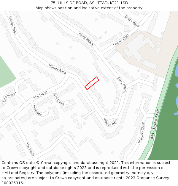 75, HILLSIDE ROAD, ASHTEAD, KT21 1SD: Location map and indicative extent of plot