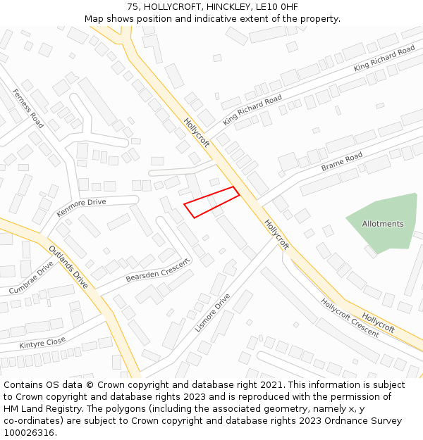 75, HOLLYCROFT, HINCKLEY, LE10 0HF: Location map and indicative extent of plot