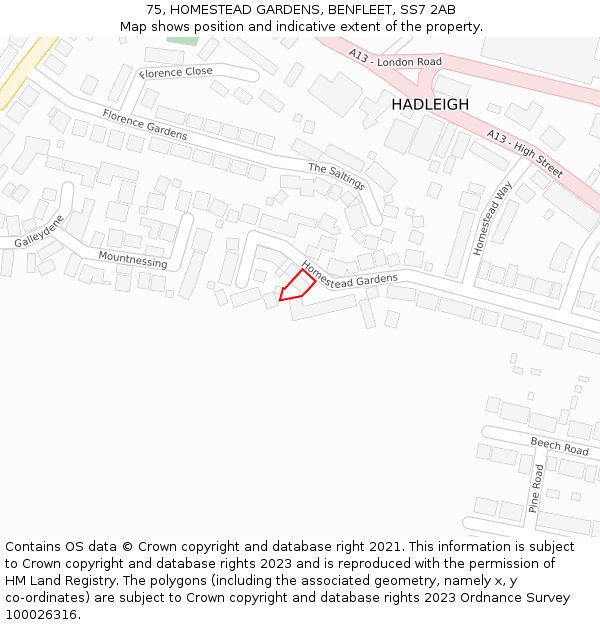 75, HOMESTEAD GARDENS, BENFLEET, SS7 2AB: Location map and indicative extent of plot