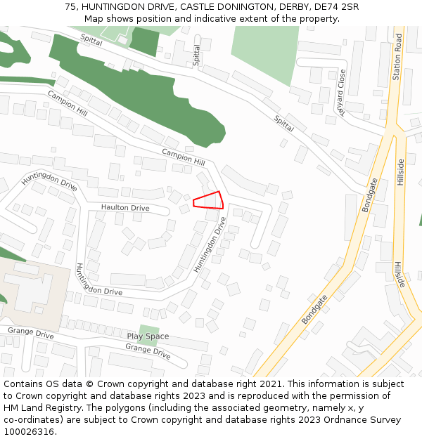 75, HUNTINGDON DRIVE, CASTLE DONINGTON, DERBY, DE74 2SR: Location map and indicative extent of plot