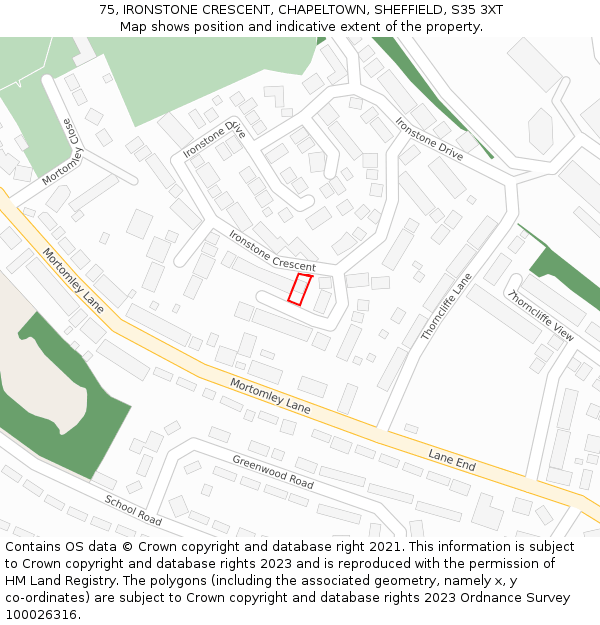 75, IRONSTONE CRESCENT, CHAPELTOWN, SHEFFIELD, S35 3XT: Location map and indicative extent of plot