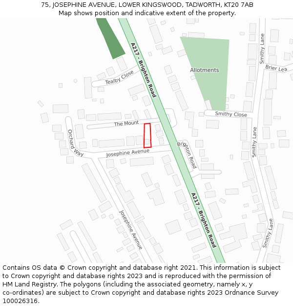 75, JOSEPHINE AVENUE, LOWER KINGSWOOD, TADWORTH, KT20 7AB: Location map and indicative extent of plot