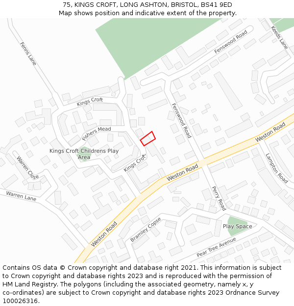 75, KINGS CROFT, LONG ASHTON, BRISTOL, BS41 9ED: Location map and indicative extent of plot