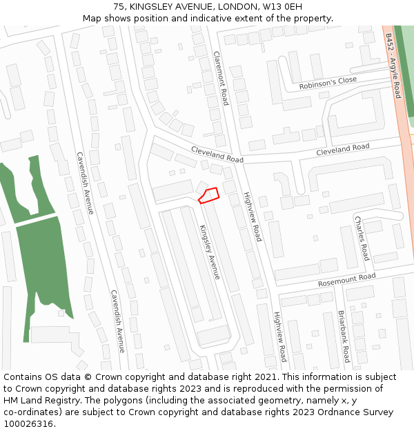 75, KINGSLEY AVENUE, LONDON, W13 0EH: Location map and indicative extent of plot