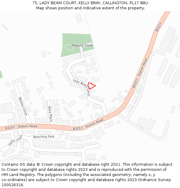 75, LADY BEAM COURT, KELLY BRAY, CALLINGTON, PL17 8BU: Location map and indicative extent of plot