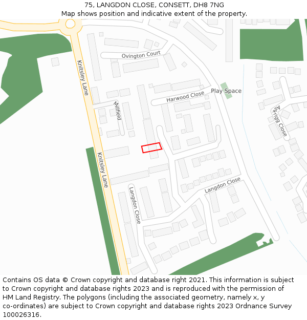 75, LANGDON CLOSE, CONSETT, DH8 7NG: Location map and indicative extent of plot