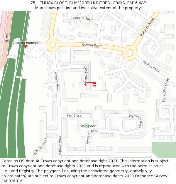 75, LENNOX CLOSE, CHAFFORD HUNDRED, GRAYS, RM16 6AP: Location map and indicative extent of plot