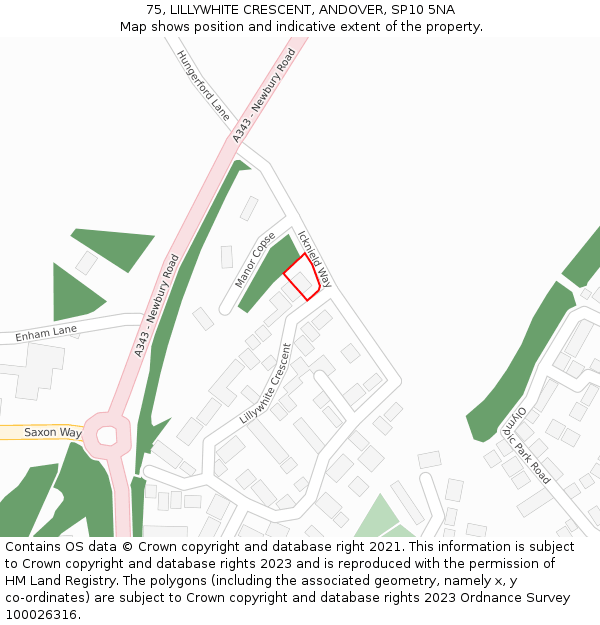75, LILLYWHITE CRESCENT, ANDOVER, SP10 5NA: Location map and indicative extent of plot