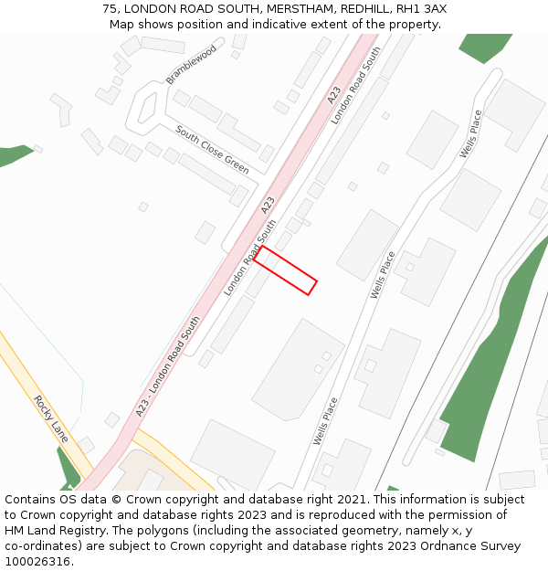 75, LONDON ROAD SOUTH, MERSTHAM, REDHILL, RH1 3AX: Location map and indicative extent of plot