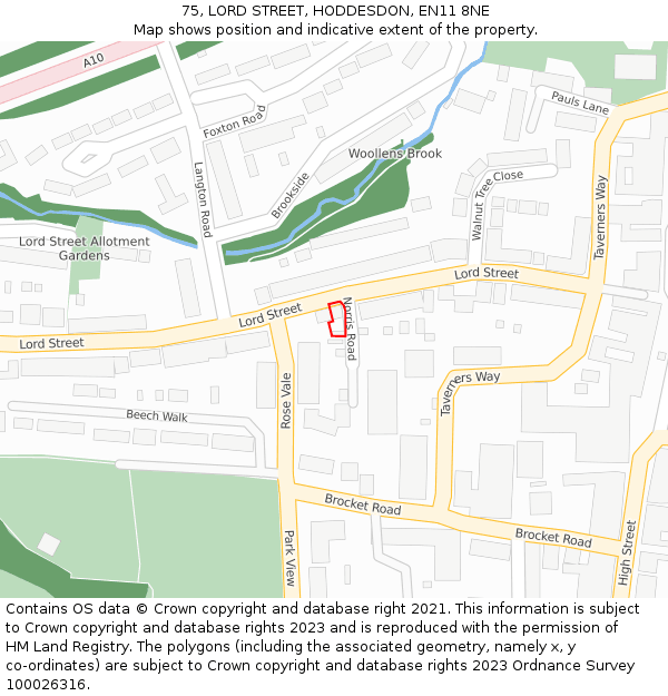 75, LORD STREET, HODDESDON, EN11 8NE: Location map and indicative extent of plot