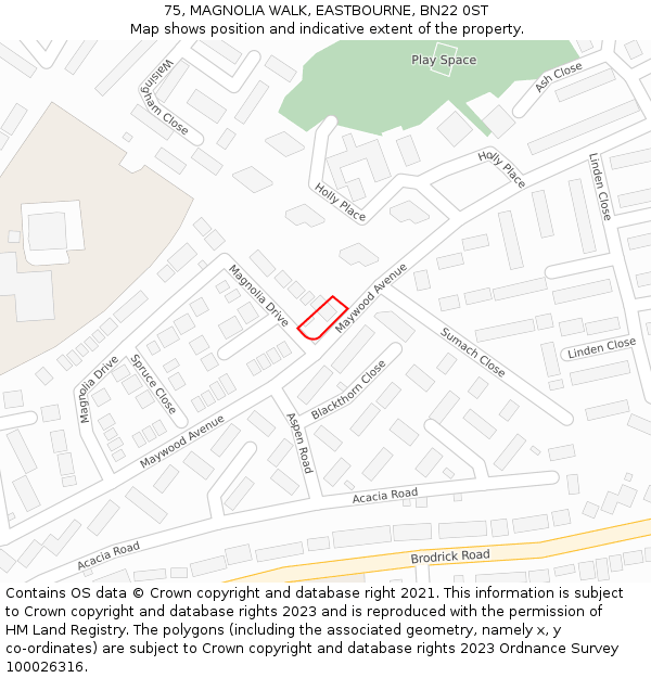 75, MAGNOLIA WALK, EASTBOURNE, BN22 0ST: Location map and indicative extent of plot