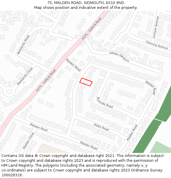 75, MALDEN ROAD, SIDMOUTH, EX10 9ND: Location map and indicative extent of plot