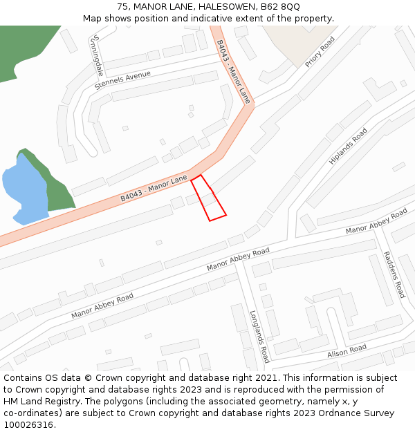 75, MANOR LANE, HALESOWEN, B62 8QQ: Location map and indicative extent of plot