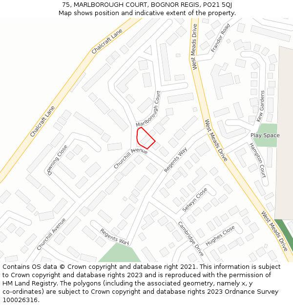 75, MARLBOROUGH COURT, BOGNOR REGIS, PO21 5QJ: Location map and indicative extent of plot