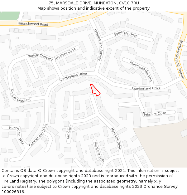 75, MARSDALE DRIVE, NUNEATON, CV10 7RU: Location map and indicative extent of plot