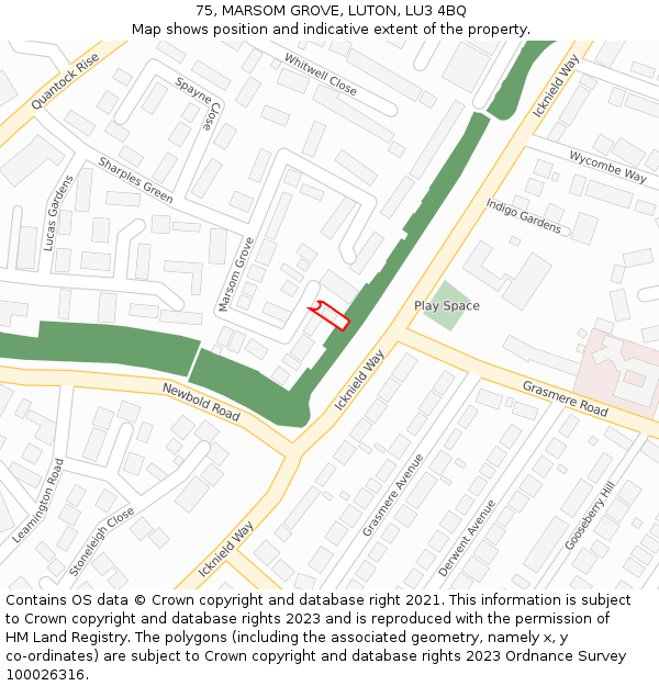 75, MARSOM GROVE, LUTON, LU3 4BQ: Location map and indicative extent of plot